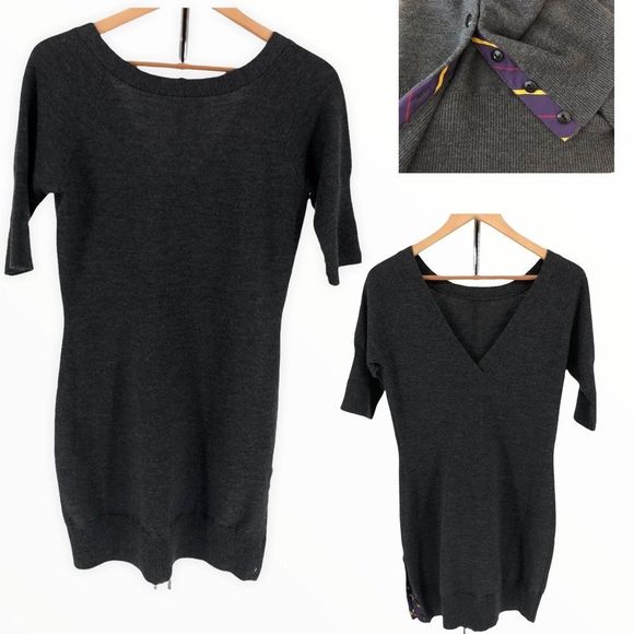 Y2K Ralph Lauren Rugby Grey V Wool Back Sweater Dress Striped Button Slit size M - Picture 1 of 11